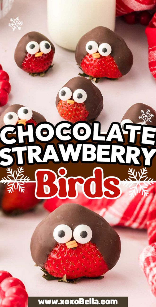 Chocolate Strawberry Birds feature juicy strawberries dipped in chocolate and decorated with candy eyes and beaks to look like adorable birds, perfect for any festive occasion.