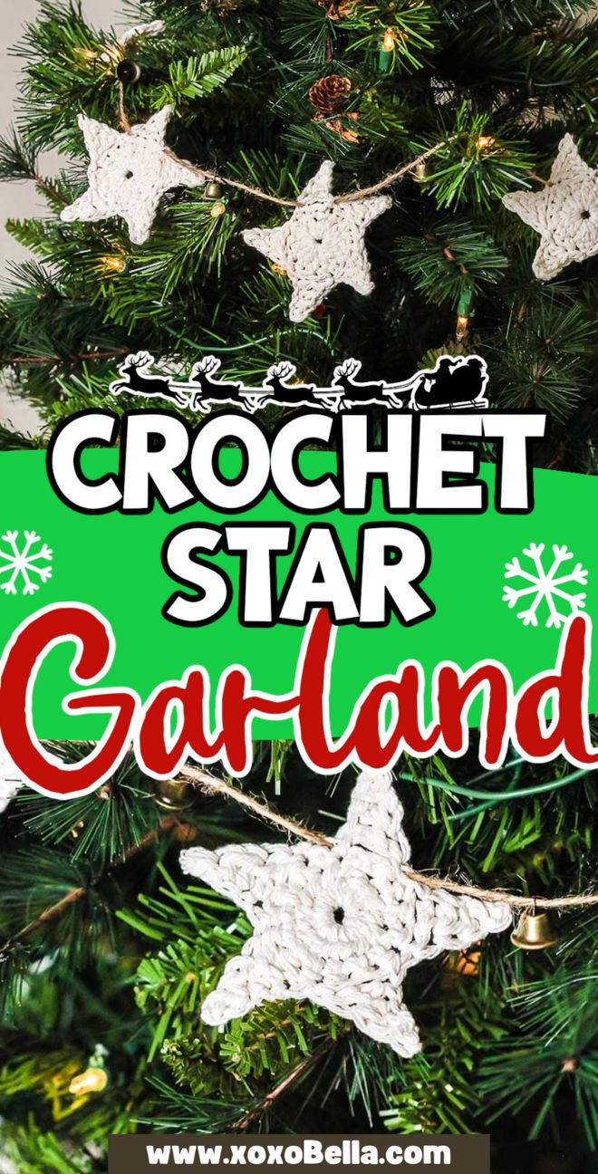 Christmas tree decorated with a white crochet star garland and a sign reading "Crochet Star Garland," perfect inspiration for anyone wondering how to make a crochet star garland this holiday season.