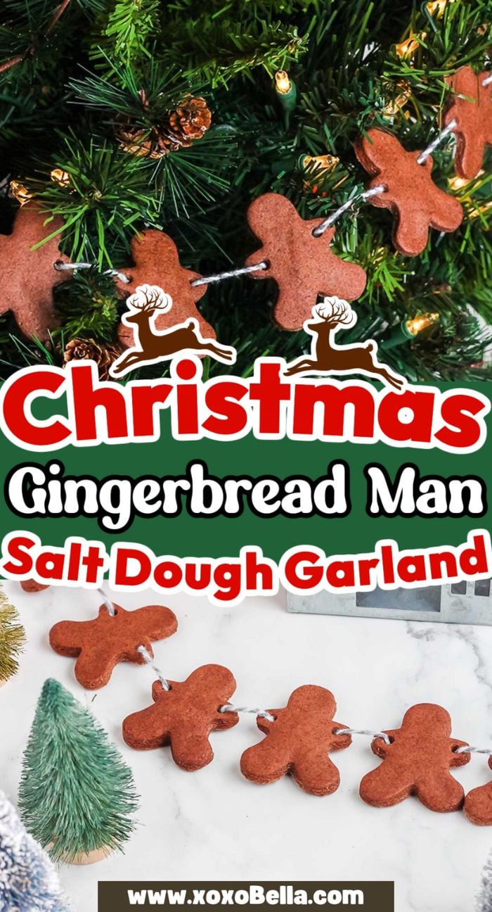 Salt Dough Gingerbread Man Garland hanging on a Christmas tree and displayed on a white surface for a festive touch.