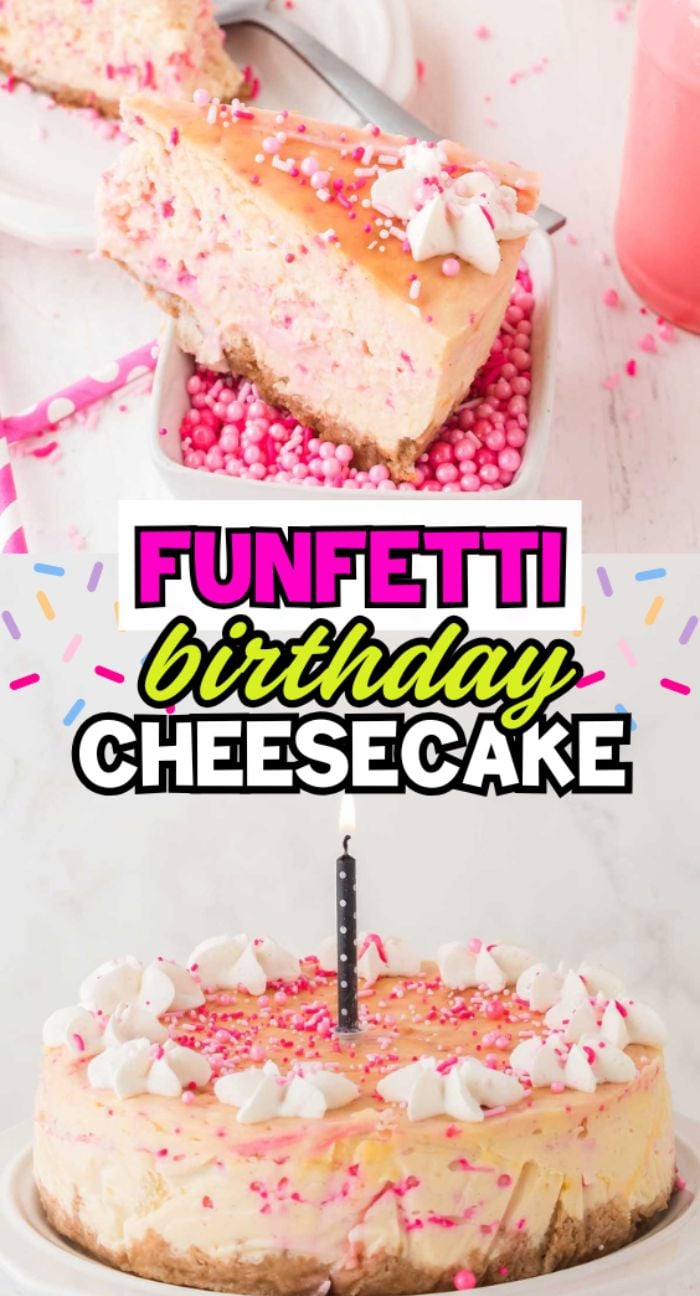 A slice and whole Funfetti Birthday Cheesecake topped with colorful sprinkles, whipped cream, and a lit candle makes any celebration extra special.