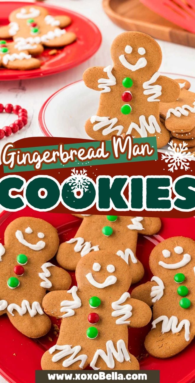 Smiling Easy Gingerbread Man Cookies decorated with icing and candy are arranged on white and red plates.