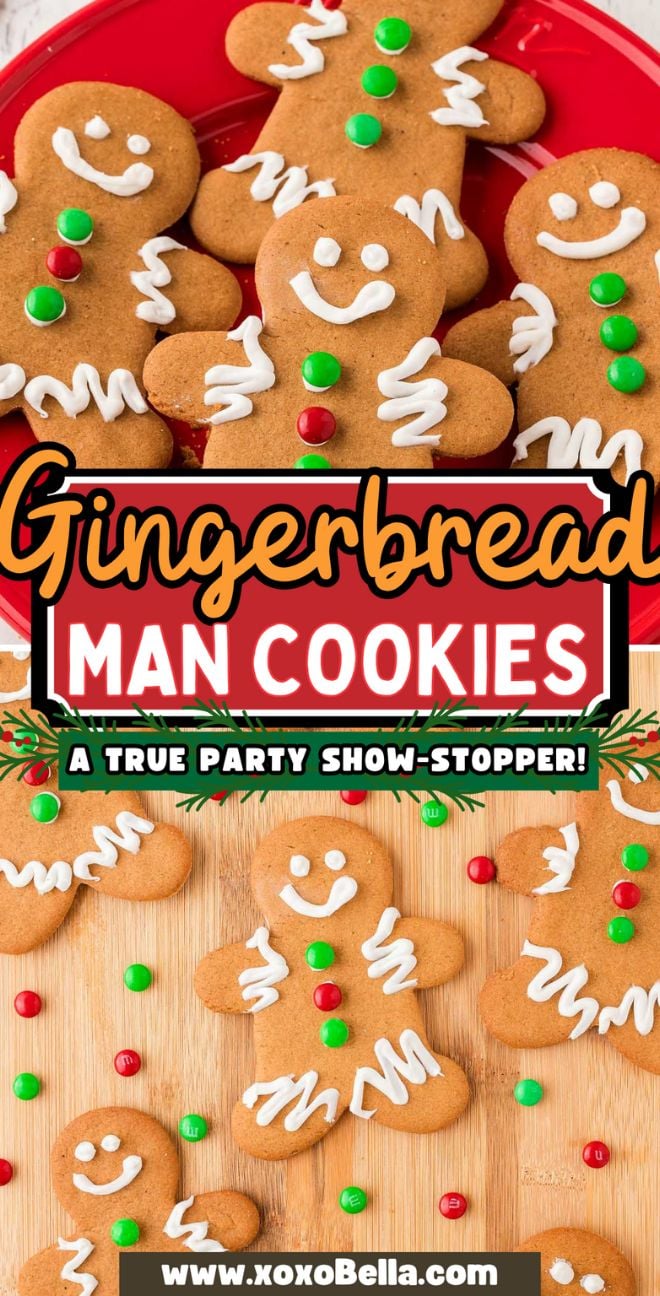 Easy Gingerbread Man Cookies decorated with white icing and red and green candies smile cheerfully on plates and a wooden surface.