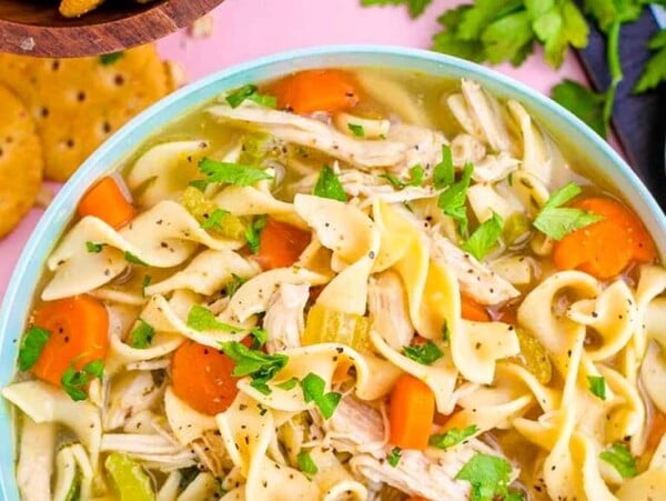 A bowl of homemade chicken noodle soup.
