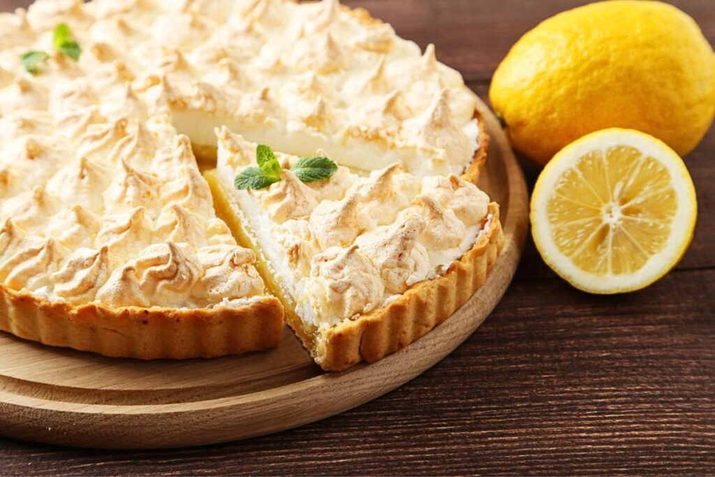 A lemon pie topped with toasted meringue topping.