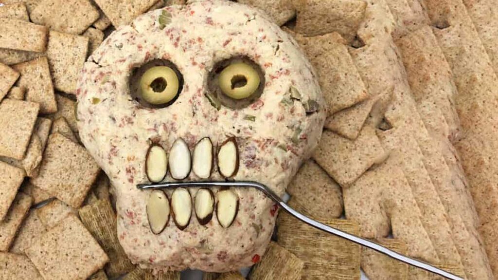 A skull shaped cheese ball for Halloween parties.