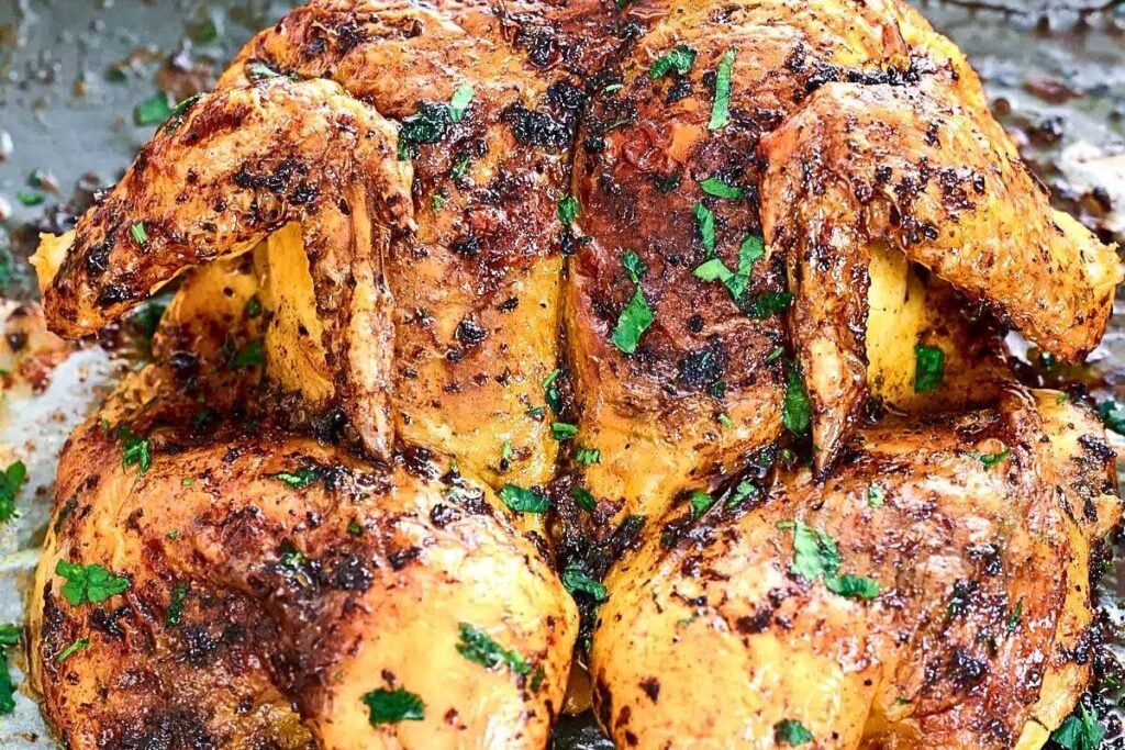 A spatchcock chicken roasted to perfection.