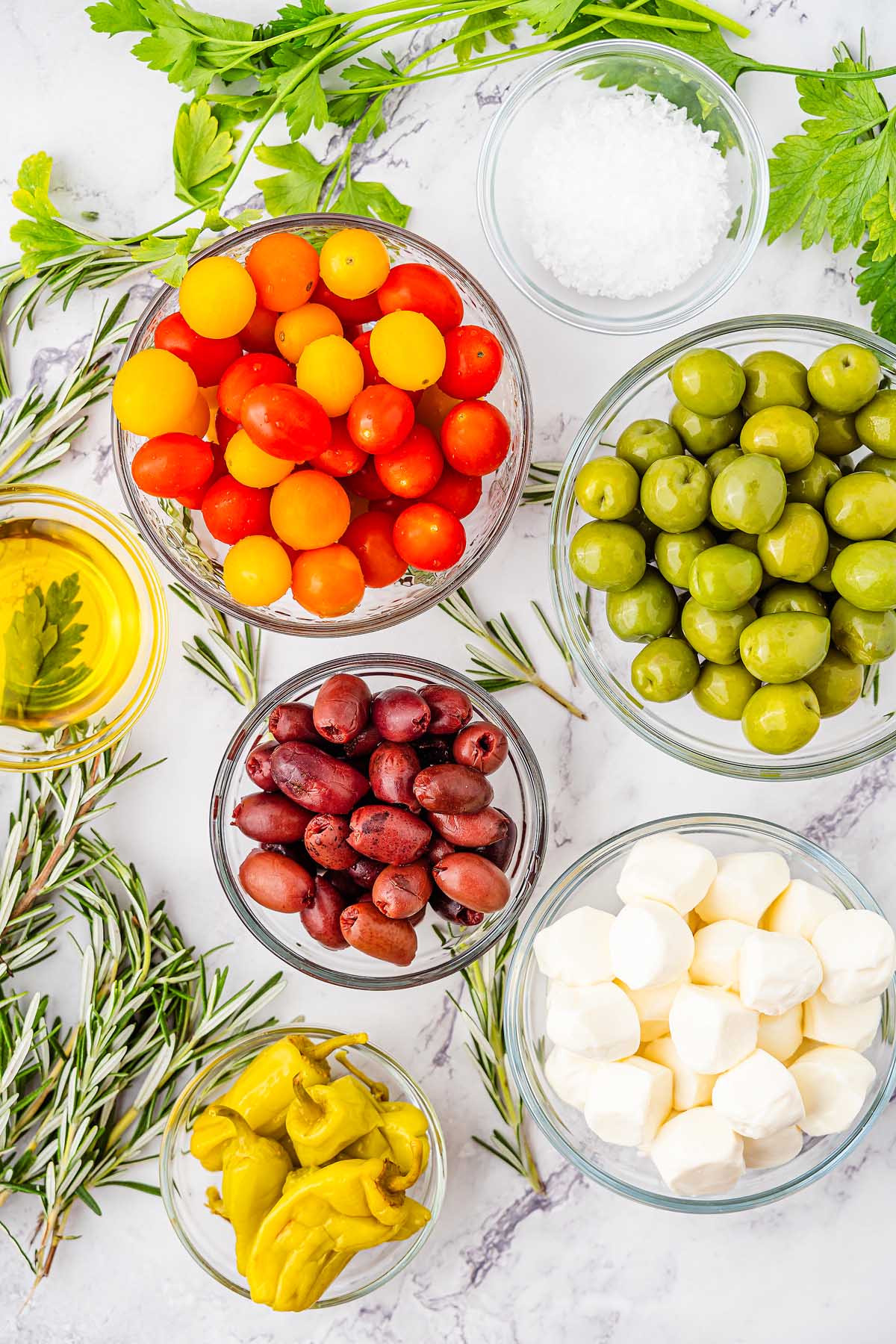 Ingredients to make an antipasto Christmas tree recipe.