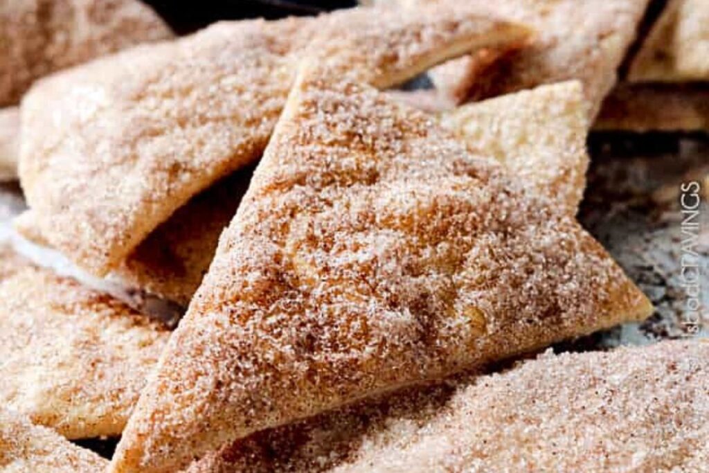 Cinnamon and sugar coated tortilla chips.