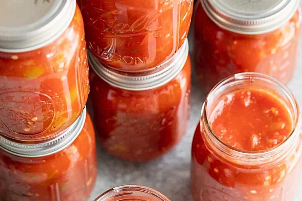 Jars of freshly canned salsa.