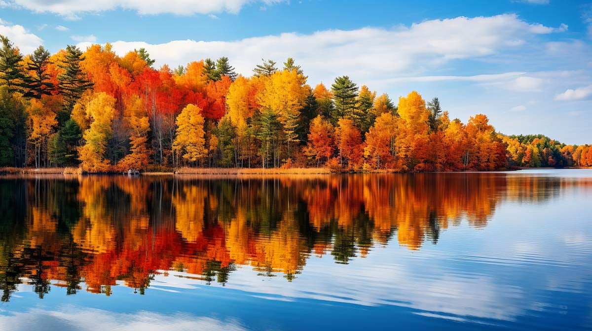 Autumn lake fall foliage landscape with reflection.