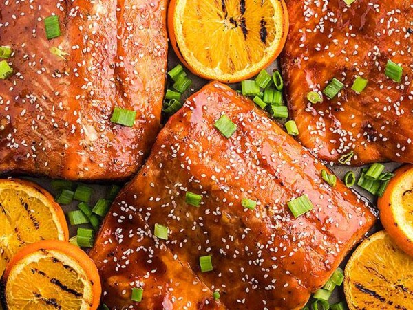 Salmon cooked on BBQ.
