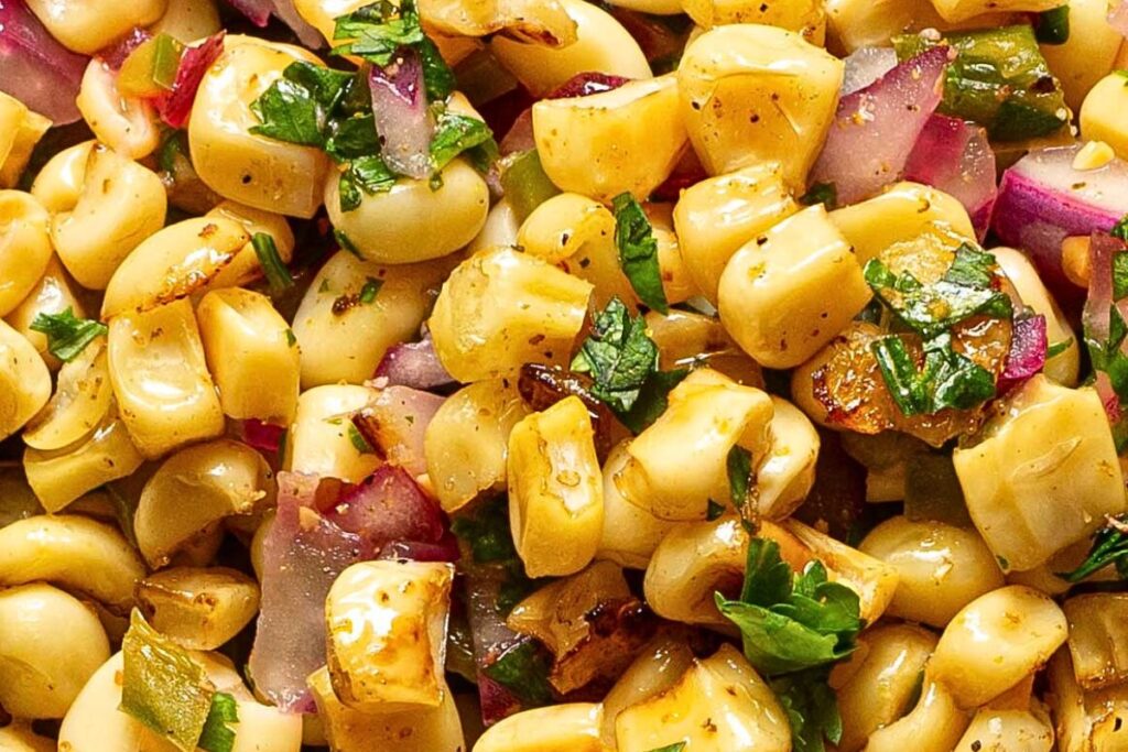 A bowl of roasted corn salsa.