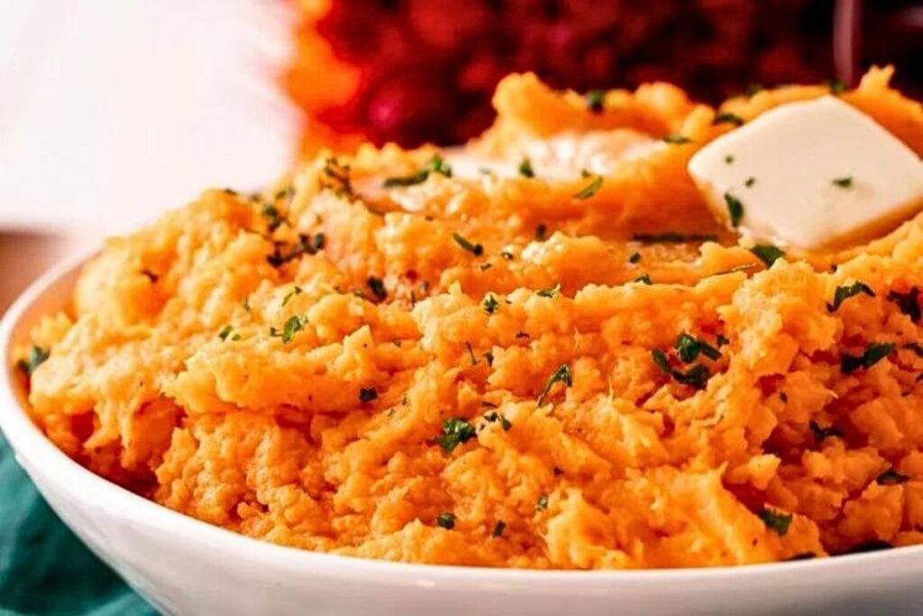 A bowl of savory mashed sweet potatoes.
