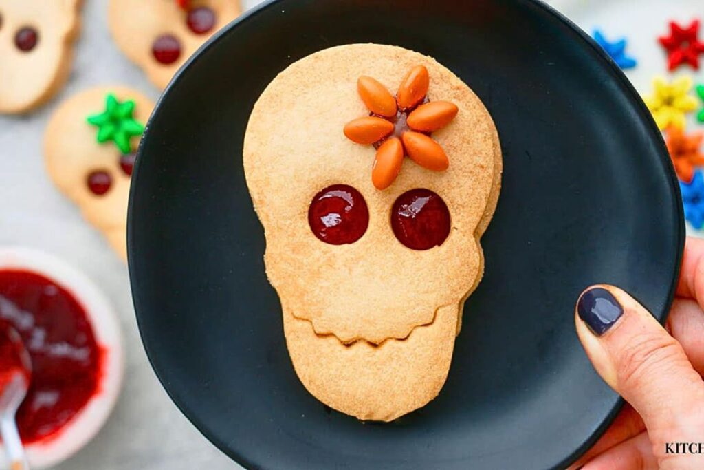 A linzer skull cookie for Halloween.