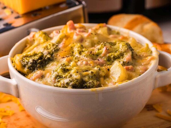 A bowl of chunky ham soup.