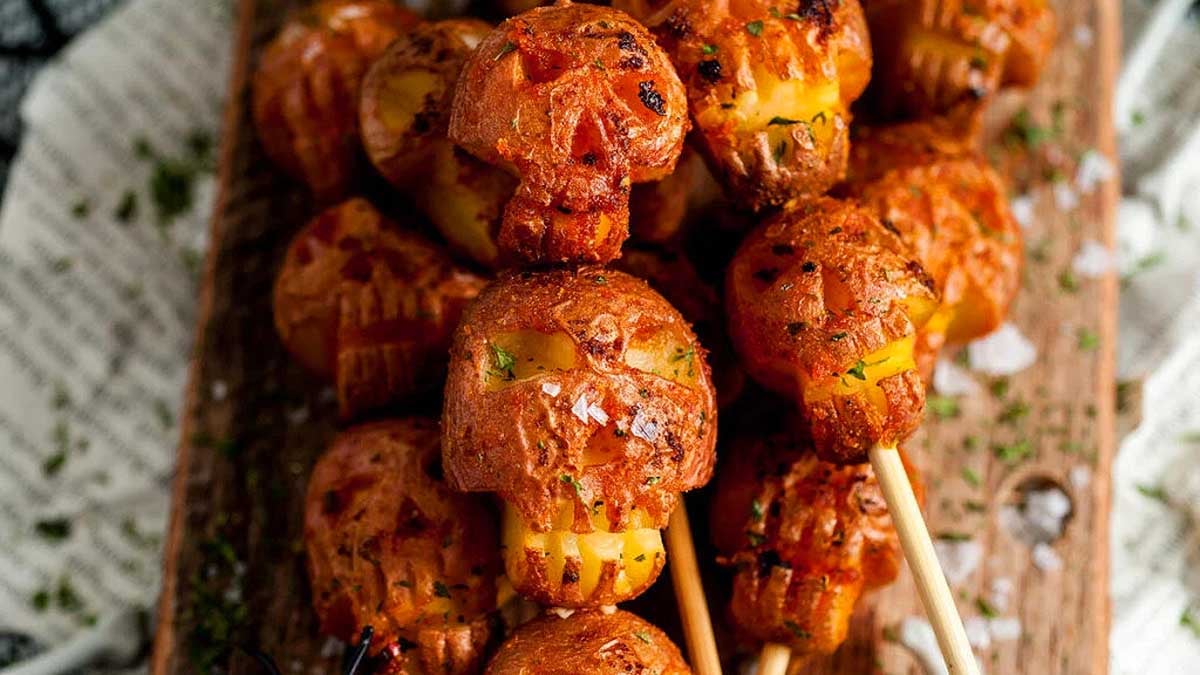 Skull potatoes on skewers