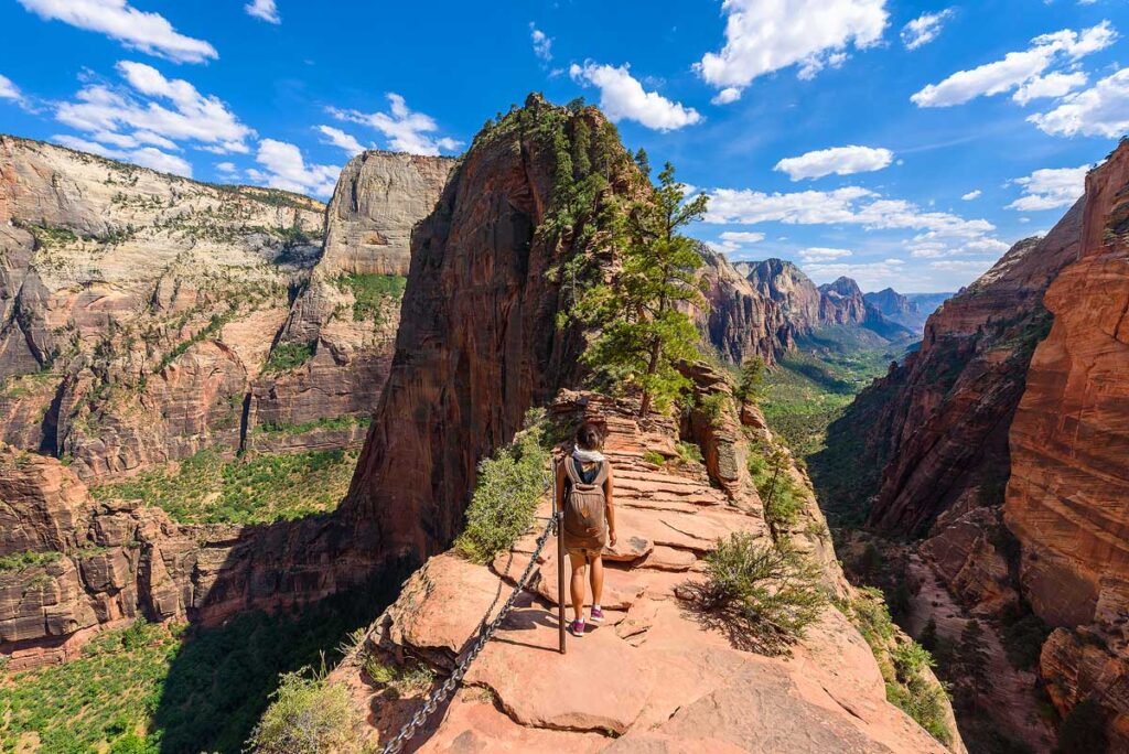 Ridge walk in beautiful scenery in Zion National Park along the Angel's Landing trail, Hiking in Zion Canyon, Utah, USA.