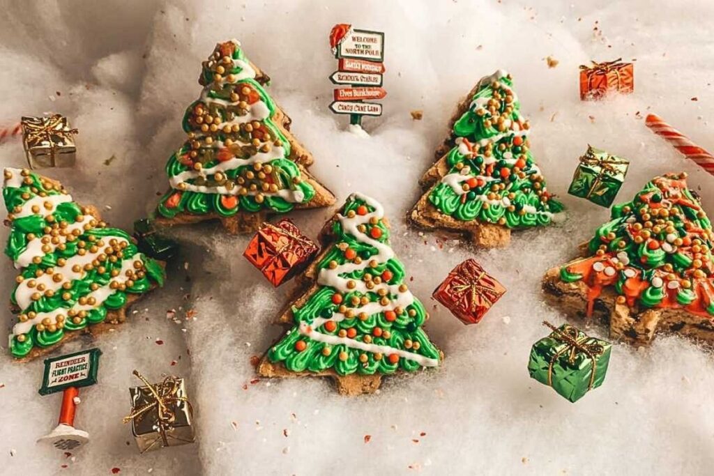 Chocolate chip cookie bars cut into tree shapes and decorated.