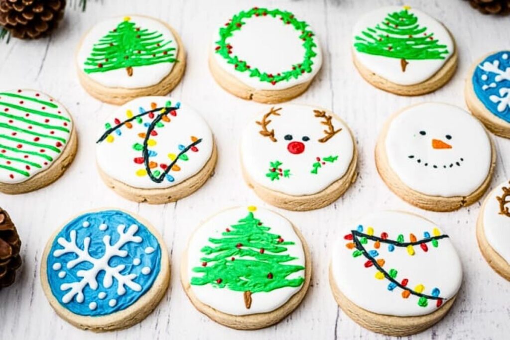 Beautifully decorated sugar cookies with christmas designs.