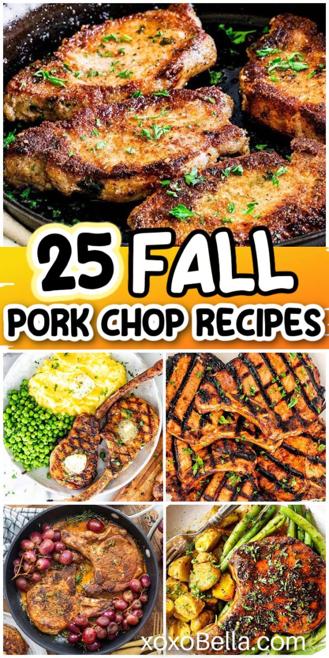 Various pork chop dishes with fall ingredients such as apples, herbs, and roasted vegetables plus pork chops on plates and skillets.
