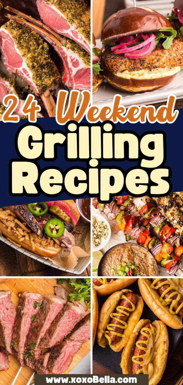 Collage of grilled meats, burgers, kebabs, hot dogs, and steak with text: Discover 24 delicious weekend grilling recipes.