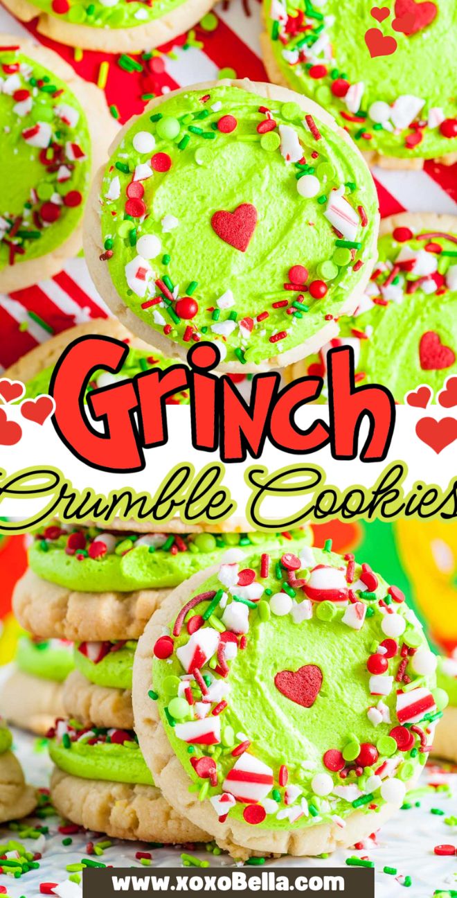 Grinch Crumbl Christmas Sugar Cookies stacked high, topped with green icing, festive sprinkles, and heart decorations for the perfect holiday treat.