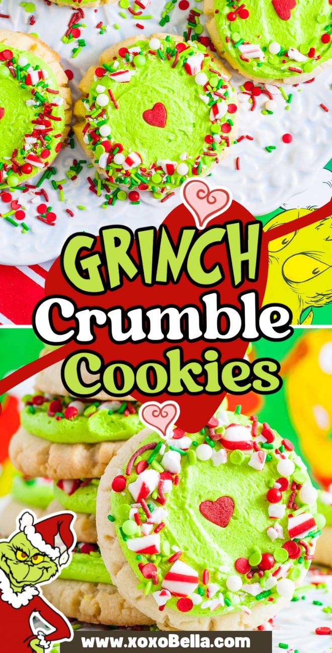 Close-up of festive Grinch Crumbl Christmas Sugar Cookies with green frosting, red heart, and colorful sprinkles on a white plate.