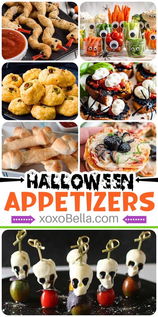 Various Halloween appetizers displayed with themed garnishes, spooky shapes, and colorful seasonal presentation.