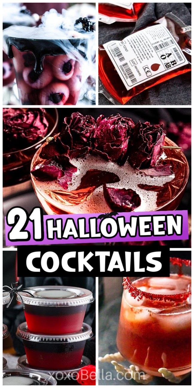 Various Halloween cocktail recipes shown in themed glasses with fog effects dark hues and spooky garnishes.