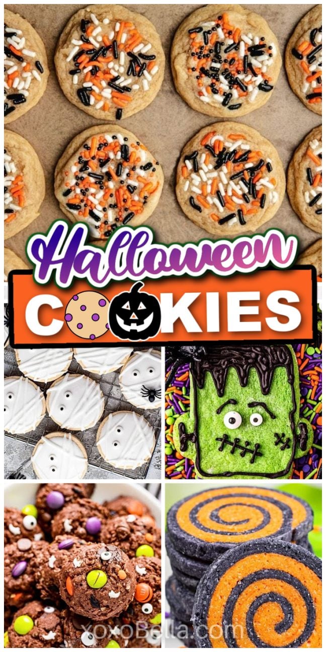 A variety of Halloween cookies decorated with icing, candy eyes, and colorful sprinkles on a baking rack and plates.