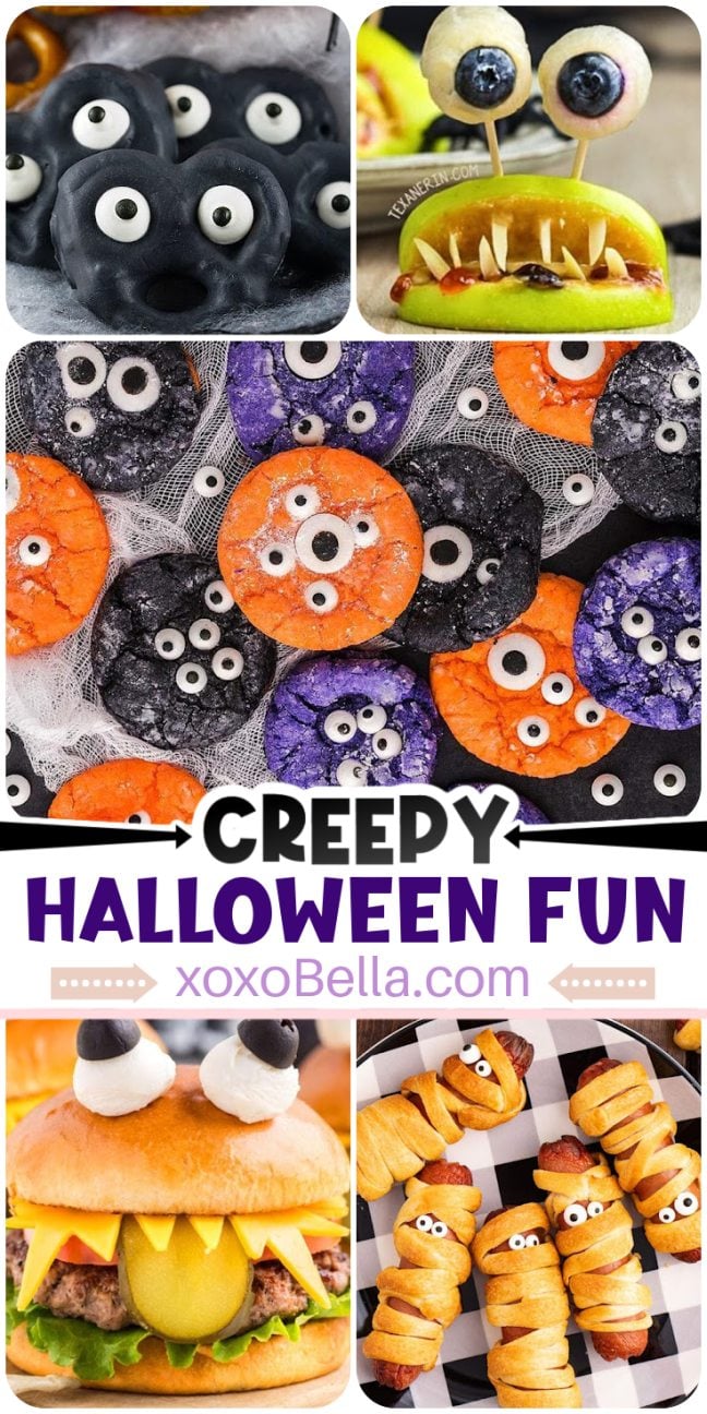 A collage of Halloween Treats features monster cookies, apple monsters, monster burgers, and mummy hot dogs.