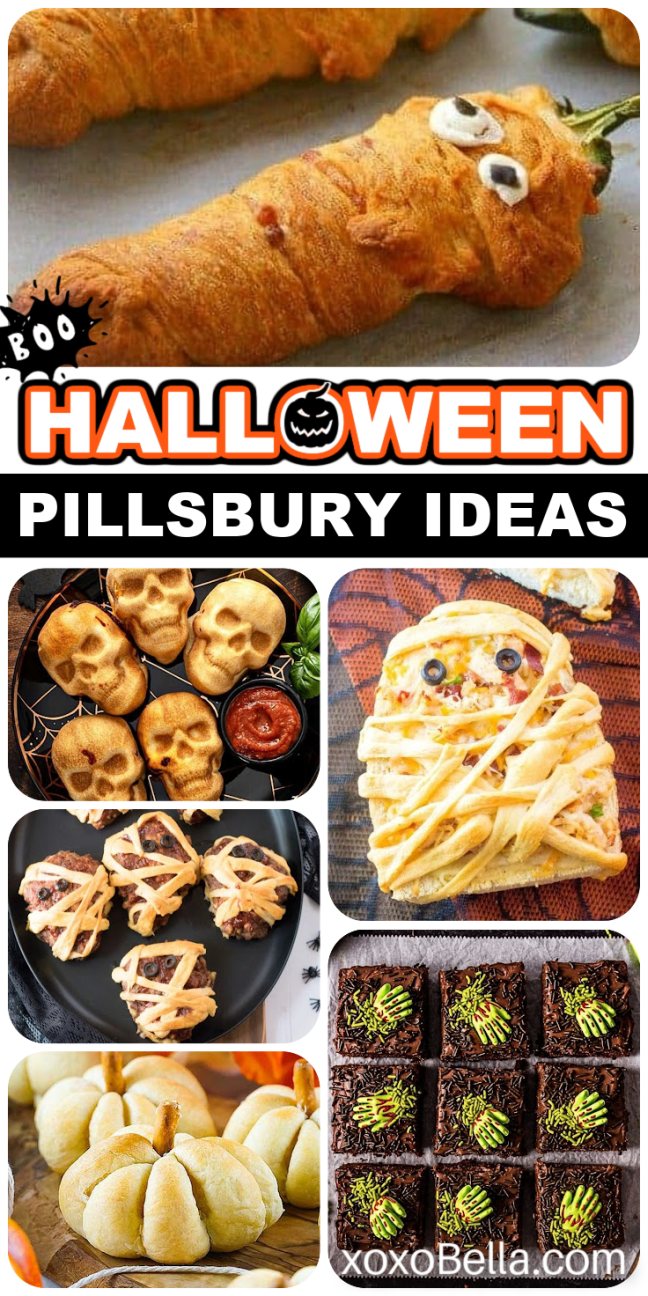 Collage of Halloween Pillsbury treats, featuring mummies, skulls, pumpkins, and carrot-shaped pastries for festive fun.