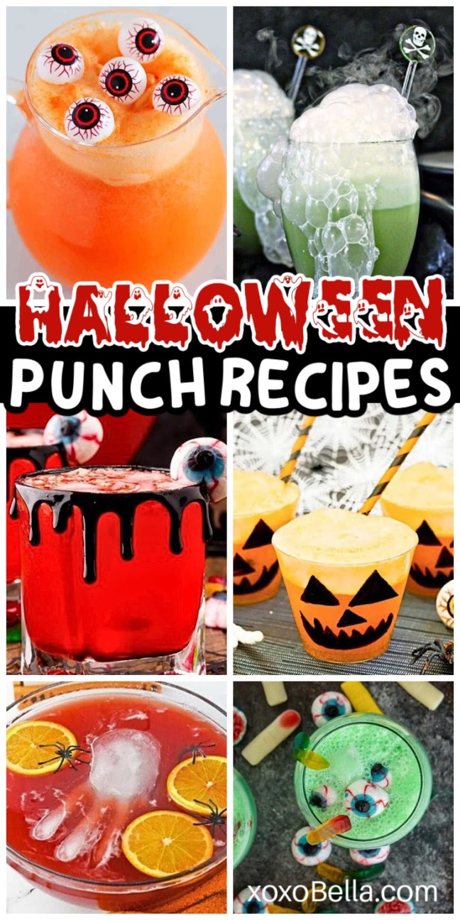 Assorted Halloween punch drinks in glasses and bowls with themed decorations like ice cubes, fruit, and spooky props.