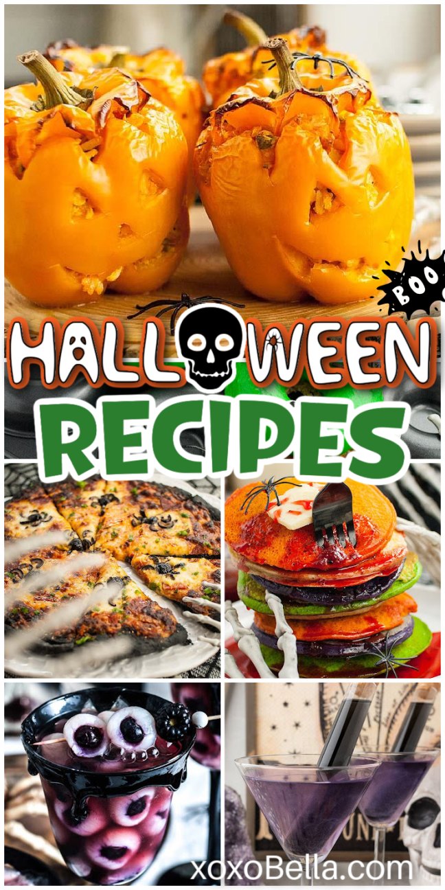 Various Halloween recipes shown with spooky themes colorful accents and playful presentations.