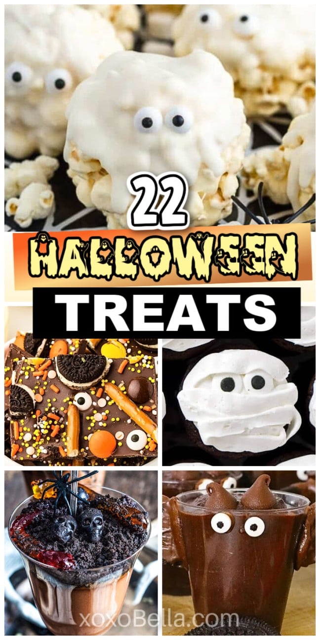A mix of Halloween-themed treats including cookies, candies, and decorated snacks on plates and trays.