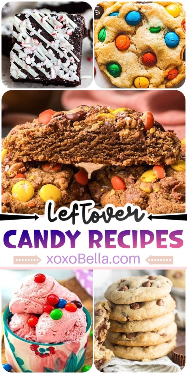 Collage of desserts made with leftover candy recipes, featuring brownies, cookies, and ice cream topped with colorful candies.