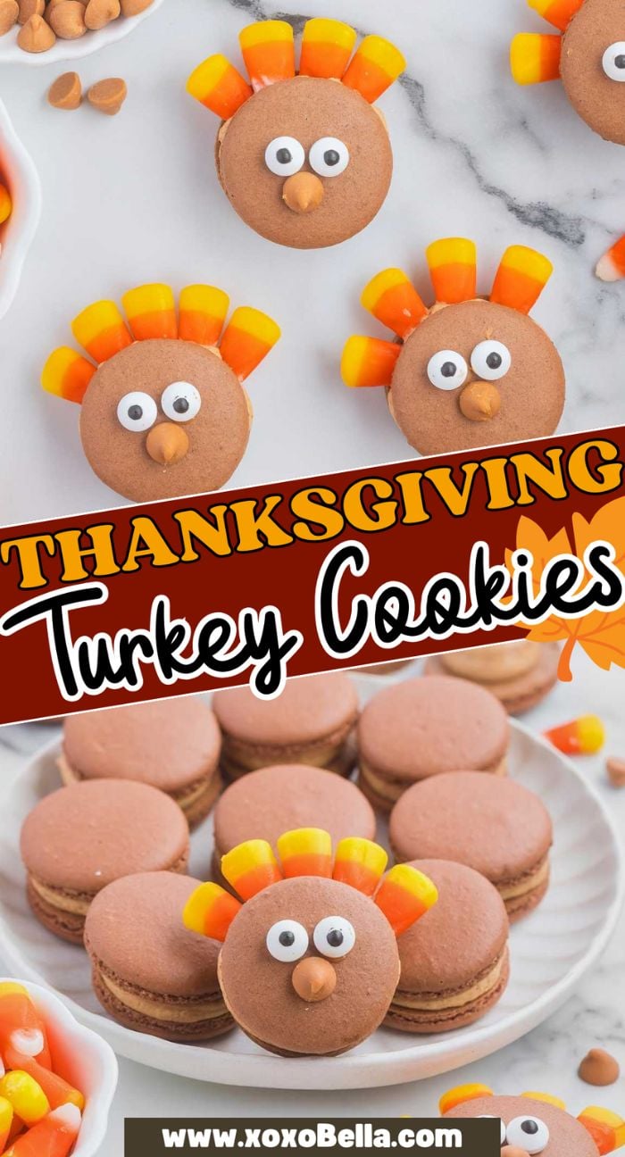 Thanksgiving Turkey Cookies decorated with candy corn feathers and candy eyes, arranged on a white surface.