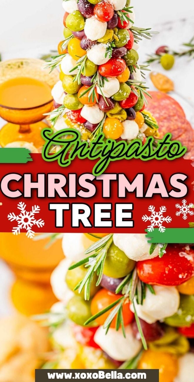 Festive antipasto Christmas tree made of cheese, tomatoes, and olives, beautifully arranged with holiday decorations and cheerful text.