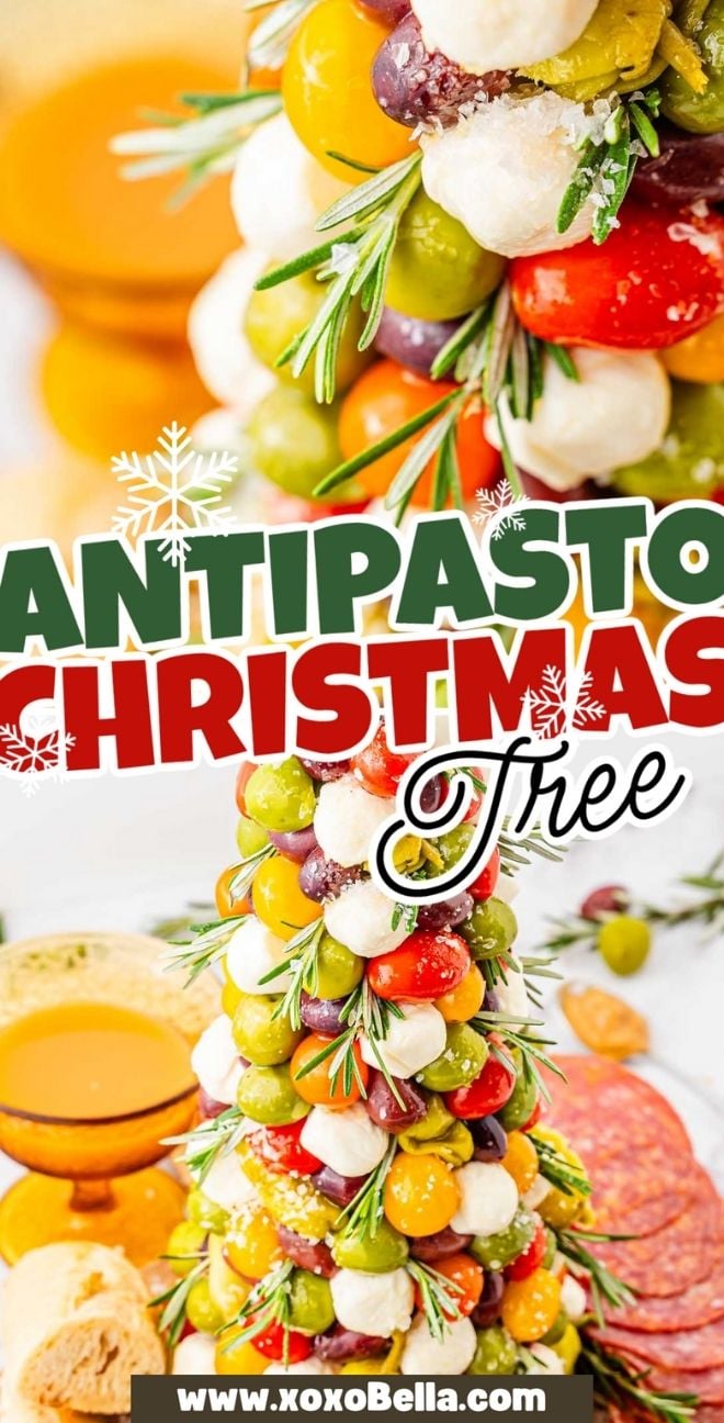Festive antipasto Christmas tree crafted with cheese, olives, tomatoes, and herbs, topped with a cheerful holiday-themed text overlay.