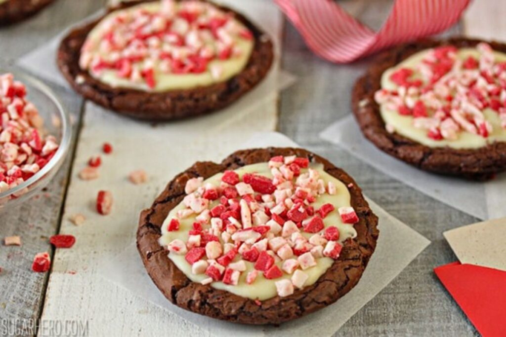 Chocolate cookies with peppermint truffle topping.