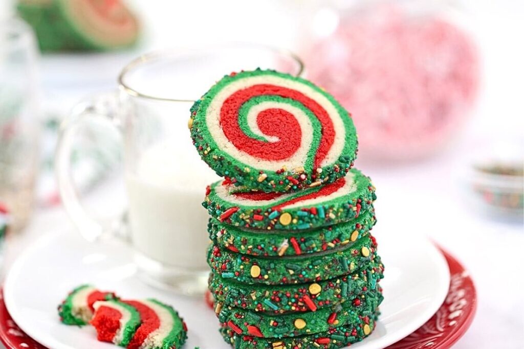 Pinwheel cookies with red, green and white dough.