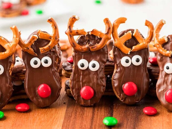 Reindeer cookies made from Nutter Butter cookies.
