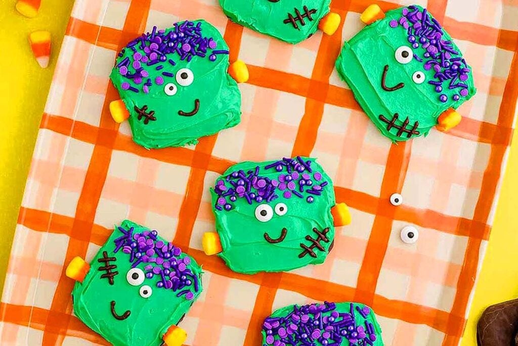 Cookies decorated to look like Frankenstein.