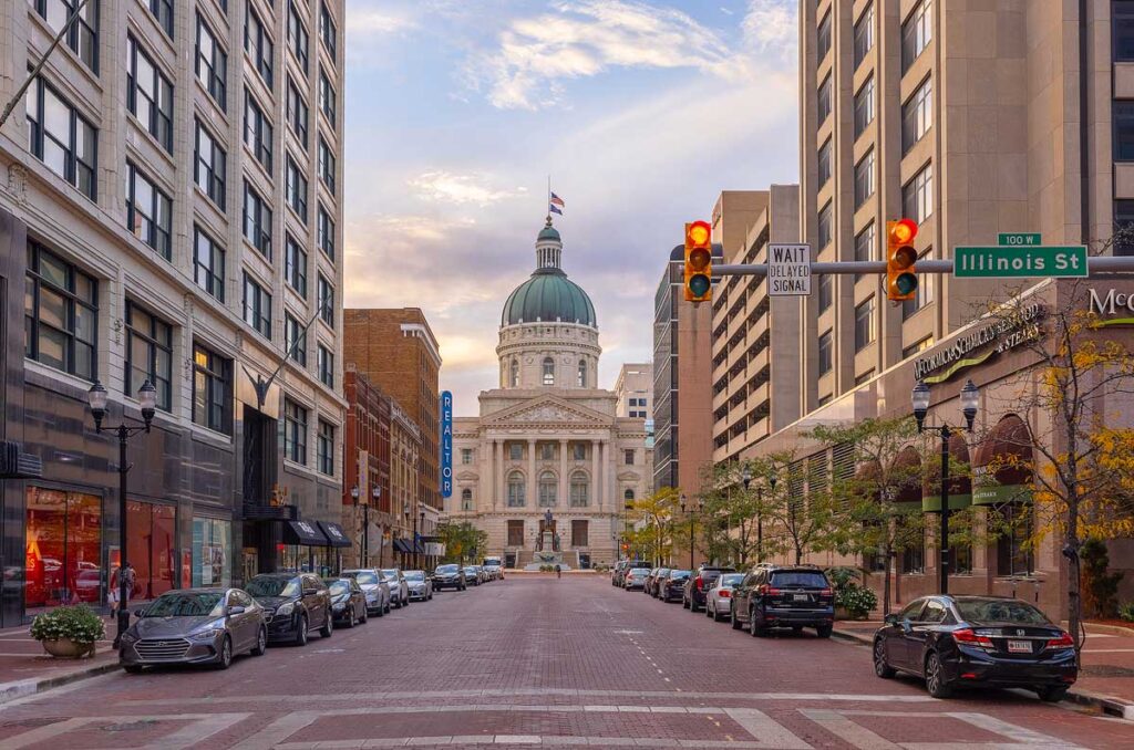 The Indiana State Capitol as seen down Market street.