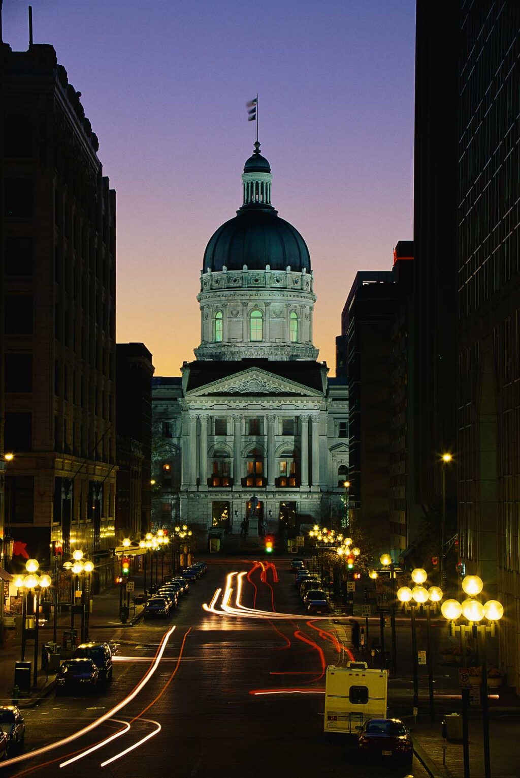 State Capitol of Indiana after sunset.