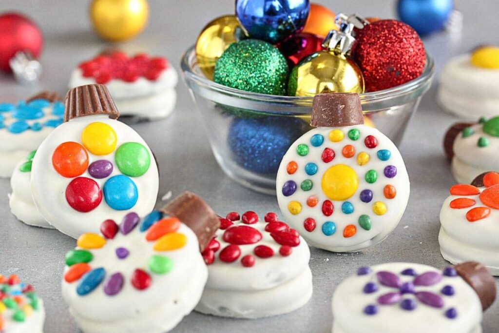 Oreo cookies decorated to look like holiday ornaments.