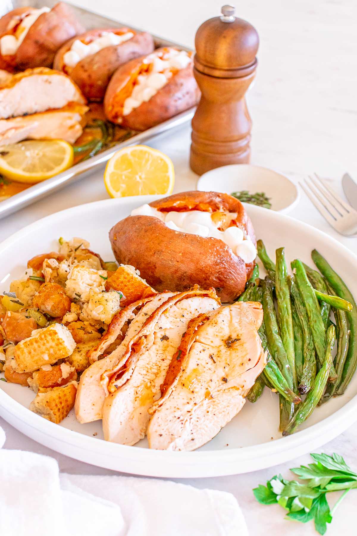 Roasted turkey with green beans and sweet potatoes on a white plate.