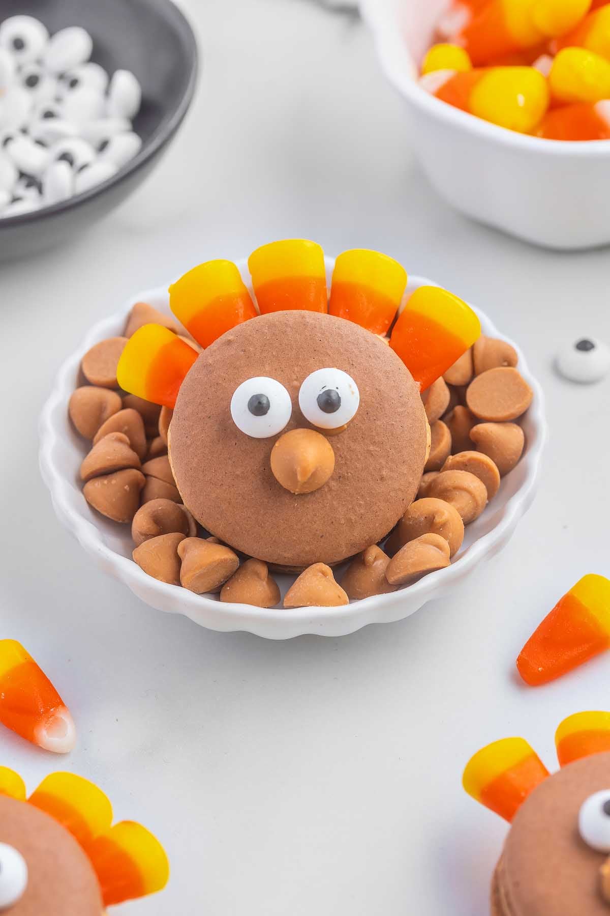 Thanksgiving cookies with candy canes and candy eyes.