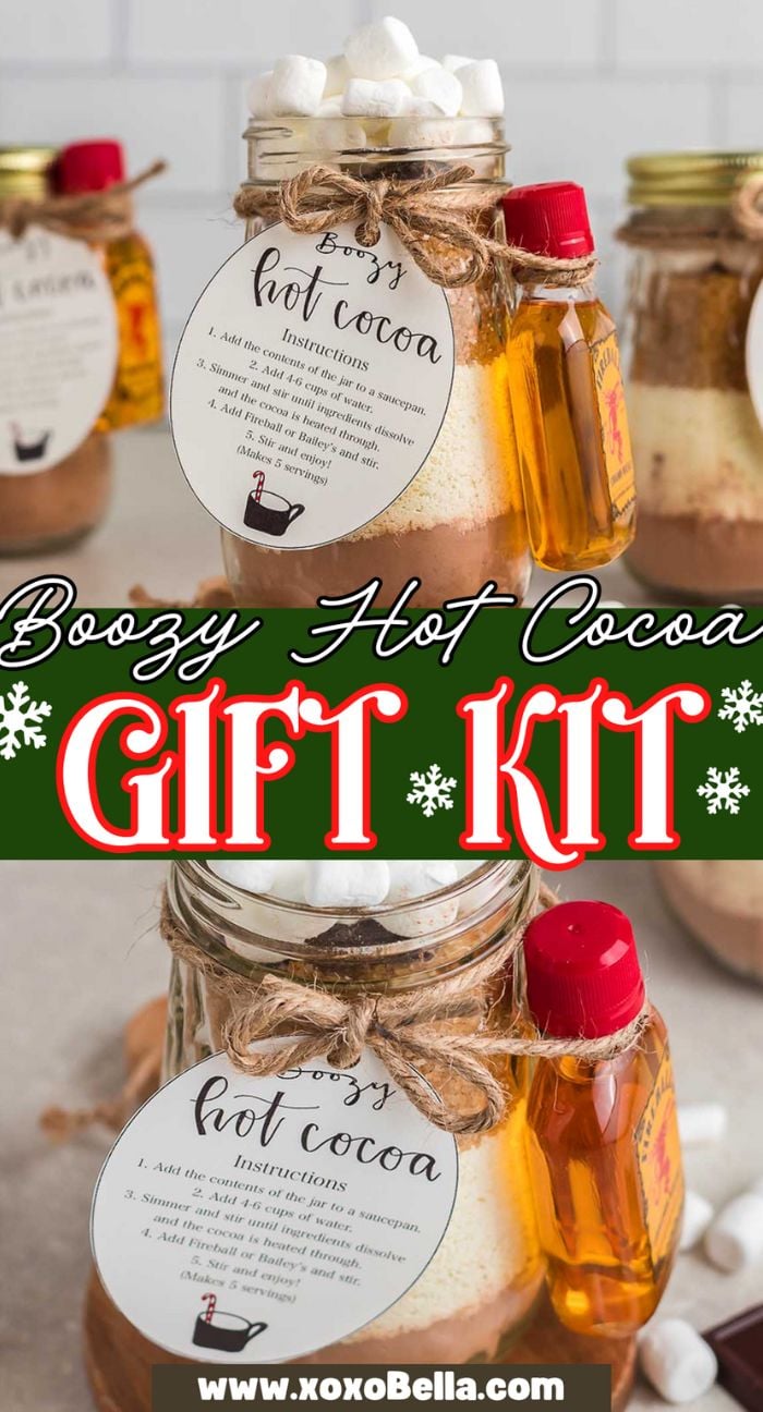 A mason jar Boozy Hot Chocolate Gift Kit filled with hot cocoa mix, marshmallows, and a mini bottle of liquor, labeled "Boozy Hot Cocoa.