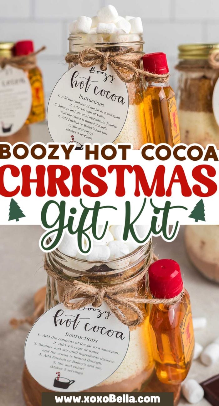 Glass jars labeled "Boozy hot cocoa," paired with mini bottles of alcohol and marshmallows, create a festive Boozy Hot Chocolate Gift Kit perfect for Christmas gifting.